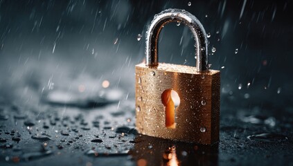 Locked padlock in rain; security concept