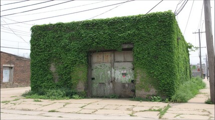 Weathered, overgrown building