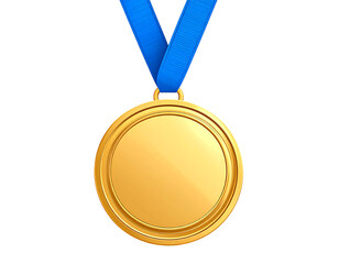 Golden plastic cartoon medal with blue neck ribbon, glossy and smooth, realistic light on transparent background and white background  