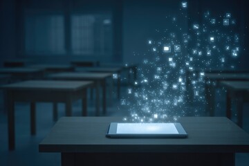 Tablet in classroom, digital icons floating
