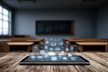 Tablet on classroom desk, digital icons hovering