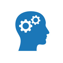 A blue silhouette of a human head with two gear icons inside, representing thought.