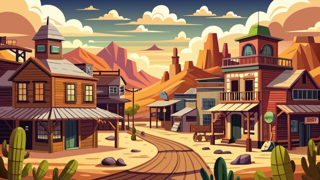 An old cowboy western town with saloons, created using generative design, stretches beneath bold skies. Semi-realistic vector style captures dusty roads, wooden facades, and timeless frontier characte
