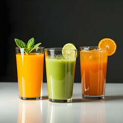 Three glasses of fresh juice with fruit garnish on white surface