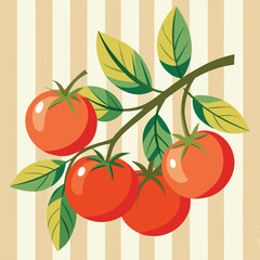 Trendy summer tropical poster featuring hand-painted tomatoes on a branch in acrylic style over a soft  striped background.