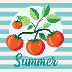 Trendy summer tropical poster featuring hand-painted tomatoes on a branch in acrylic style over a soft  striped background.