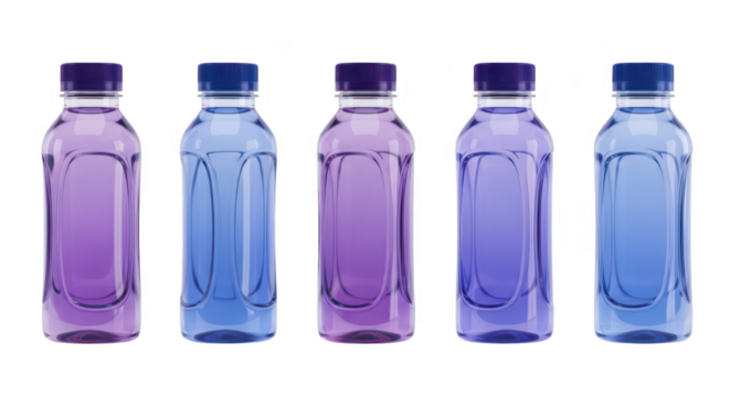 Five clear bottles of colored liquid lined up on a white background showing liquid contents and demonstrating color variation Possible uses drink ads - Powered by Adobe