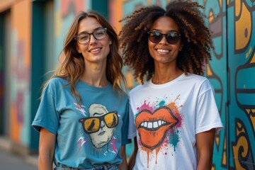 Vibrantly Designed T-Shirt Photoshoot: Models Posed in Unique Patterns Printed with Heat Transfer Printing
