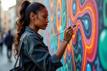 Close-Up of Female Artist Creating Colorful Mural on Building Facade.
