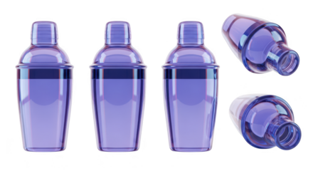 Transparent purple cocktail shakers in a group shot on a white surface with floating views used for beverage preparation