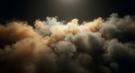 Mysterious atmospheric background featuring ethereal amber and grey clouds illuminated by divine light rays against a dark, dramatic sky.