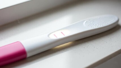 Close-up of a pregnancy test showing two red lines, indicating a positive result. The image features soft lighting, offering a clear and focused view, ideal for family planning and healthcare themes.
