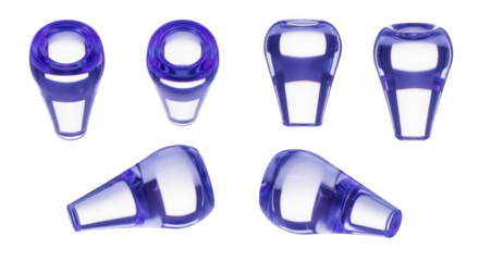 Set of translucent purple glass objects arranged on a white surface showcasing different views for design product or digital art concepts