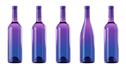 Five gradient purple wine bottles standing in a row against a bright white background; ideal for beverage promotions and website design