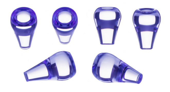 Set of translucent purple glass objects arranged on a white surface showcasing different views for design product or digital art concepts