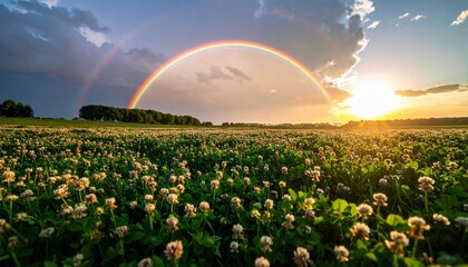 _Sunset rainbow over clover field St. Patrick's day .