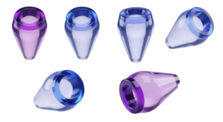 Transparent colored vials in different poses showcasing medical or scientific concepts against a white background Possible uses are research lab work or chemistry