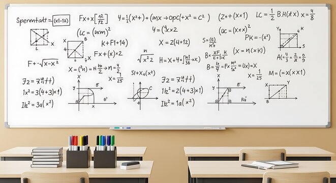 A whiteboard filled with various mathematical equations and diagrams in a classroom setting with desks and books.