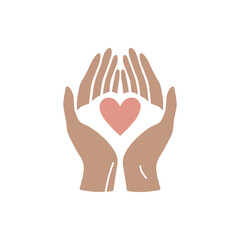 Two stylized hands cradling a heart, symbolizing care and compassion in a minimalistic design