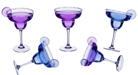 Colorful Margarita cocktails tilted on white perfect for drink menus or party promotions