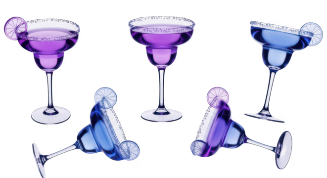 Colorful Margarita cocktails tilted on white perfect for drink menus or party promotions