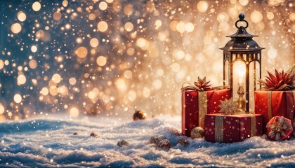 a beautifully lit vintage lantern sits amongst snow-covered red gift boxes and sparkling bokeh lights creating a warm and festive winter scene.