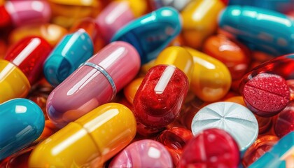 a close-up view of colorful pharmaceutical pills and capsules scattered together in a vibrant, chaotic arrangement.