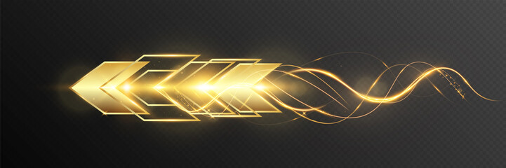 Golden glowing arrow with light trail, shiny dynamic tech symbol, futuristic abstract direction shape on dark background, fast motion speed concept.