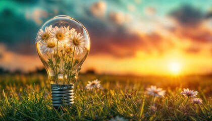 a glowing lightbulb filled with delicate white daisies stands amidst a vibrant field of wildflowers under a breathtaking sunset sky.