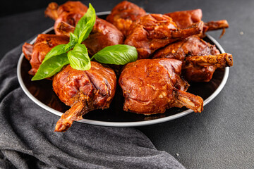 Knuckle smoked meat cooked ham roulka fresh shank delicious gourmet food background on the table rustic food top view copy space