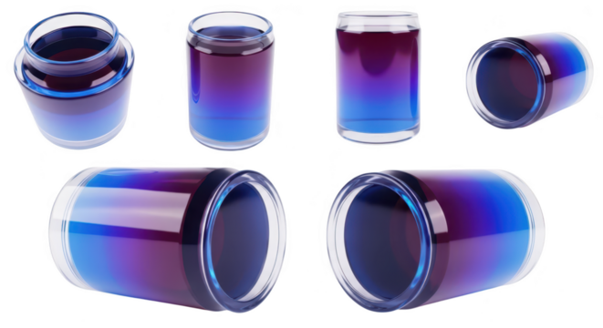 Rendering of multiple views of a glass with a purple and blue gradient liquid on a white backdrop ideal for product visualization