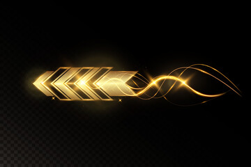 Golden glowing arrow with light trail, shiny dynamic tech symbol, futuristic abstract direction shape on dark background, fast motion speed concept.