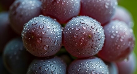 Fresh Purple Grapes with Water Droplets Close-up on Green Background