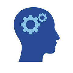 Silhouette of a human head with gears inside, representing thought process and mental activity.