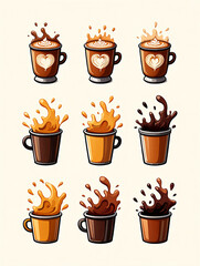 Collection of coffee cups with splashes and latte art isolated on white background