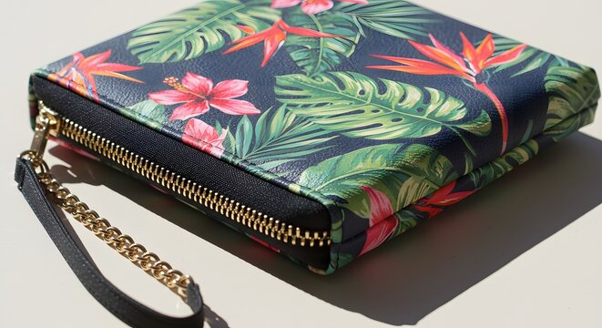 Tropical plants wallet with gold ziper on white background
