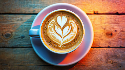 Overhead view of a coffee cup with intricate latte art heart design