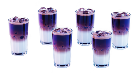 Six layered iced coffee drinks on a reflective white surface reflecting a gradient of subtle lights ideal for cafe or food photography