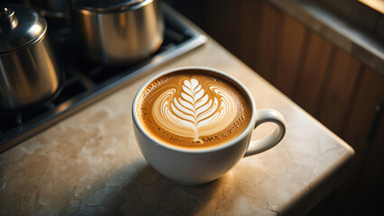A cup of coffee with latte art on a counter in a cafe