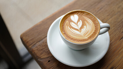 A closeup of a white cup of latte with art on a wooden table