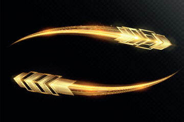 Golden glowing arrow with light trail, shiny dynamic tech symbol, futuristic abstract direction shape on dark background, fast motion speed concept.