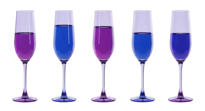 Five champagne flutes filled with purple and blue liquid arranged in a row against a white background perfect for celebratory occasions - Powered by Adobe