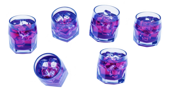 Close-up of six drinks with ice in hexagonal glasses arranged against a white background showcasing refreshing beverages for marketing