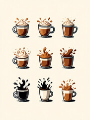 Collection of coffee cups with splashes and foam, isolated on white background
