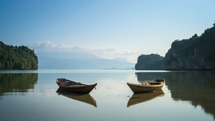 Two traditional wooden boats float peacefully on calm water surrounded by limestone karsts