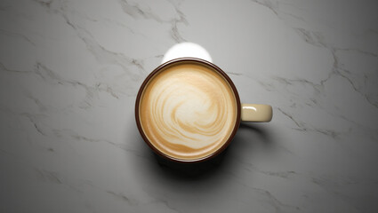 Overhead view of a latte with foam art in a mug on a marble surface