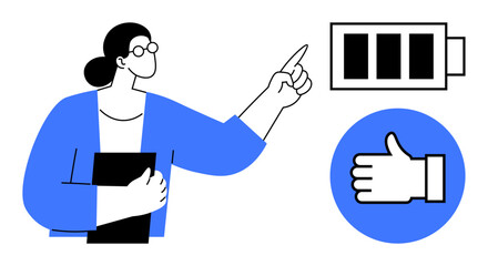 Woman gesturing toward full battery icon with thumbs-up sign in primary blue. Ideal for productivity, energy, motivation, focus, workflow improvement, goal setting, simple landing page