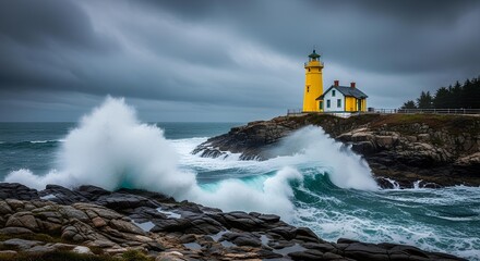 Stormy Waves Crashing Against Lighthouse