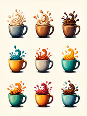 Collection of colorful coffee cups with swirling frothy liquid