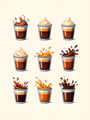 Collection of nine coffee drinks with splashes and whipped cream isolated on white